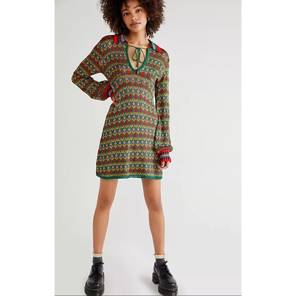 Free People Milano Mini Dress Floral Knit Small Green Combo Tulips Mod Retro 70s